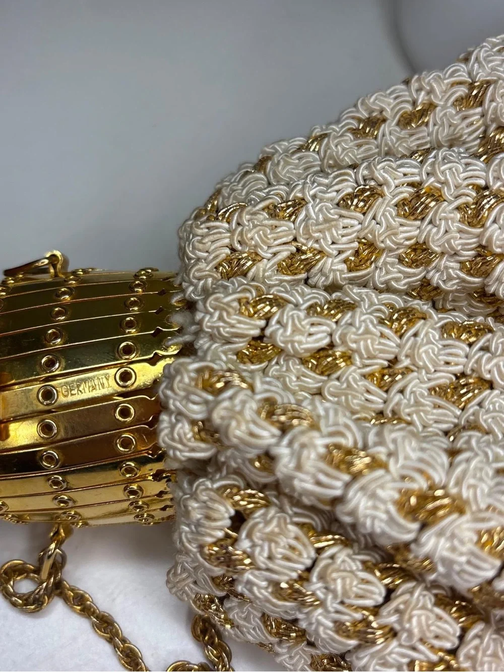 Vintage Made in Germany Gold White Cord Cage Top Handle Evening Bag